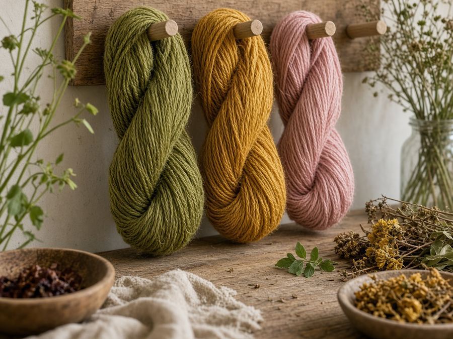 Linen and wool cones in oat, indigo, and moss.