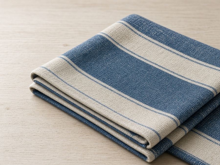 A linen table runner with indigo and oat stripes at a firm sett.