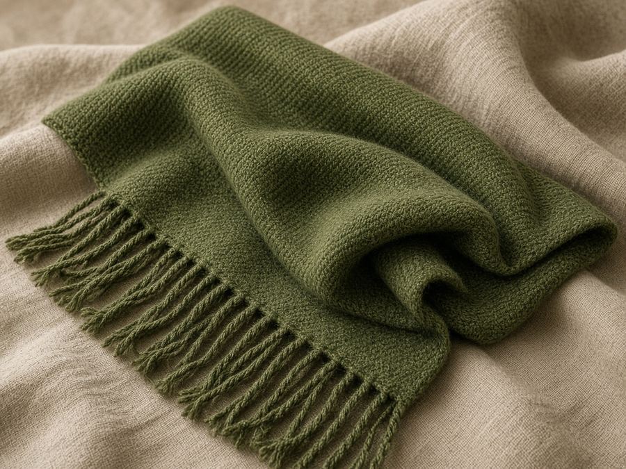 A wool scarf in soft moss twill with hand-twisted fringe.